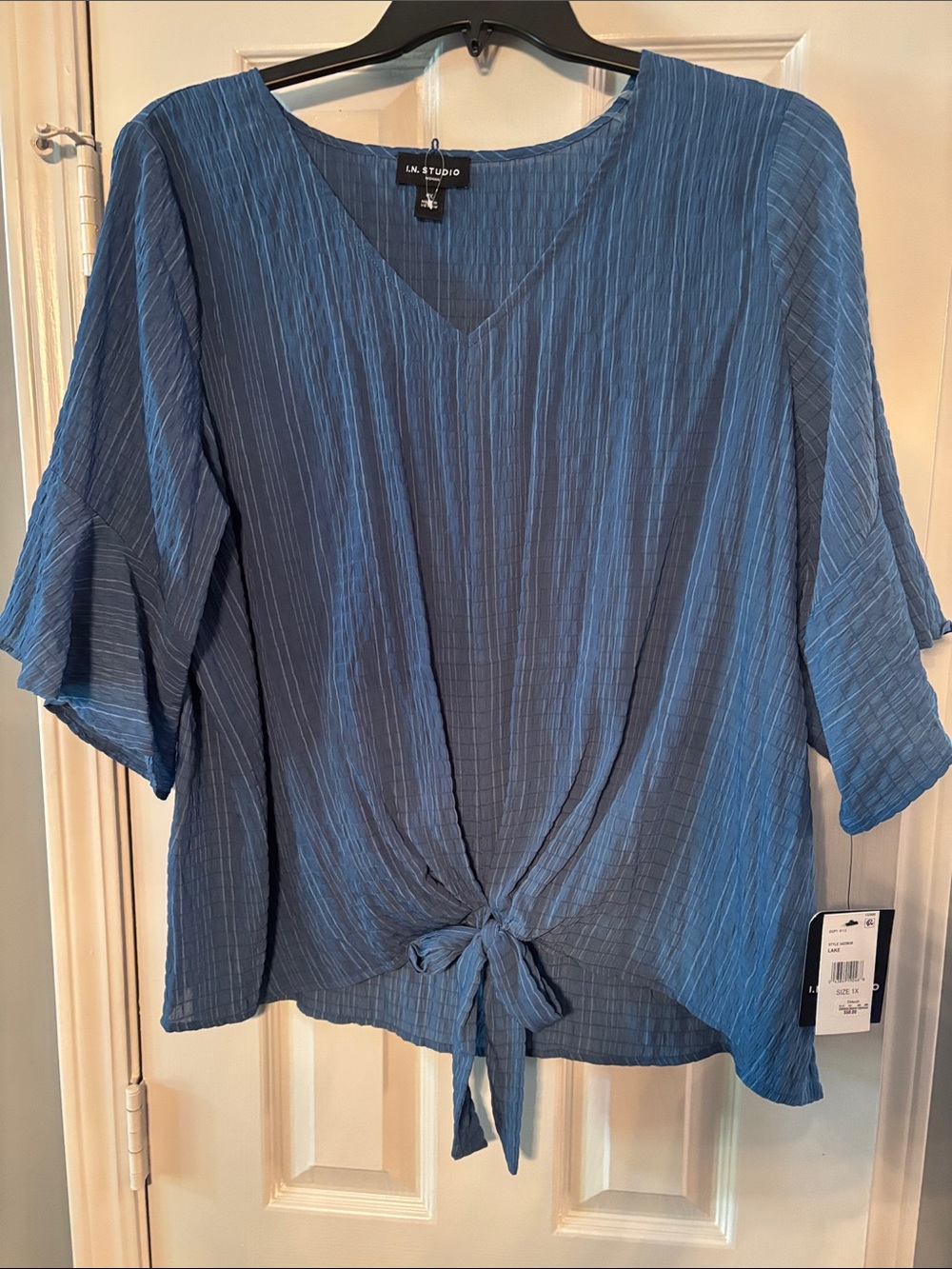 L.N. Studio Blue V-Neck Tie-Front Blouse NWT
